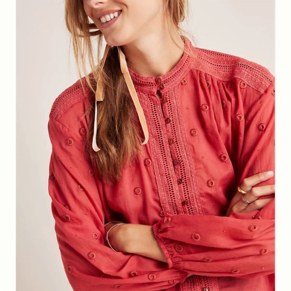 Maeve by Anthropology Coral Embroidered Voile Augusta Peasant Blouse Top Large - Picture 3 of 14